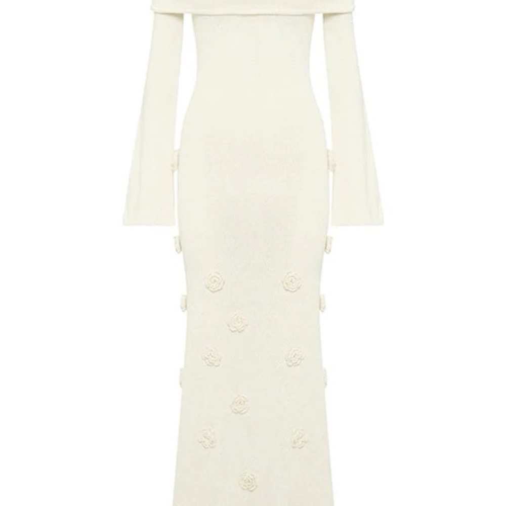 Off-Shoulder Cream Gown with Floral Accents